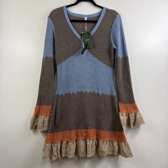 Bohemian Yohers New Colorblock Knit Crochet Ruffle Lace Trim Mini Dress Large - Picture 15 of 15